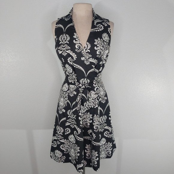 Ann Taylor Dresses & Skirts - Ann Taylor Womens 2 Black White Floral Wrap Dress Collar Sleeveless Belted